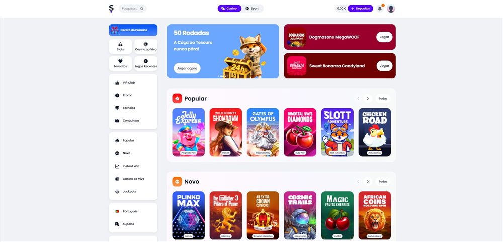 Lobby do Slott em português, com as slots em destaque
